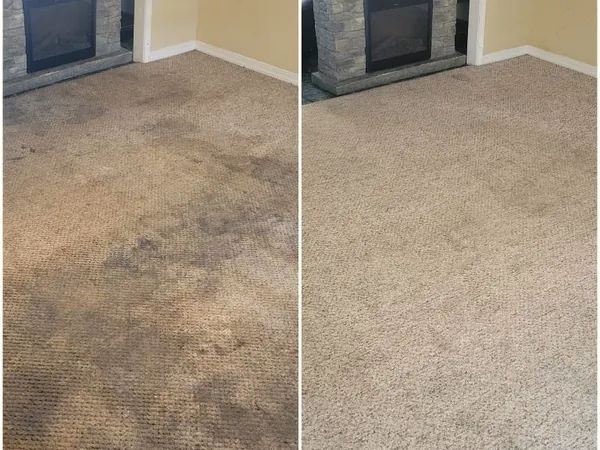 Side-by-side photos of a carpet traffic lane before and after cleaning